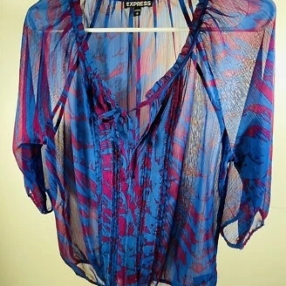 Express Blue & Magenta Sheer Abstract Peasant Blouse Size M – Boho Chic Flow Top - Picture 6 of 9